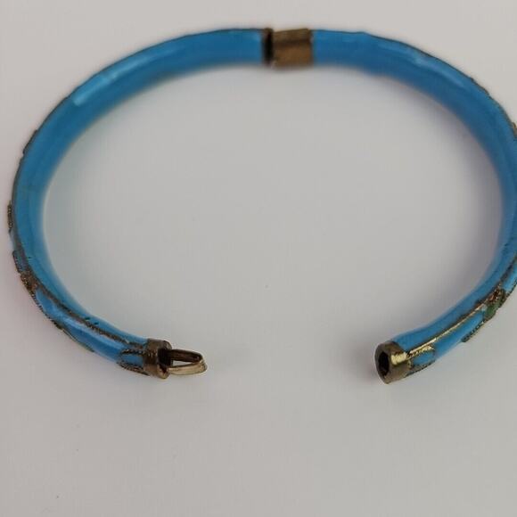 Vintage Cloissone Enameled Blue Pink Gold Floral Design Bangle Bracelet 2.35 in - Picture 9 of 9